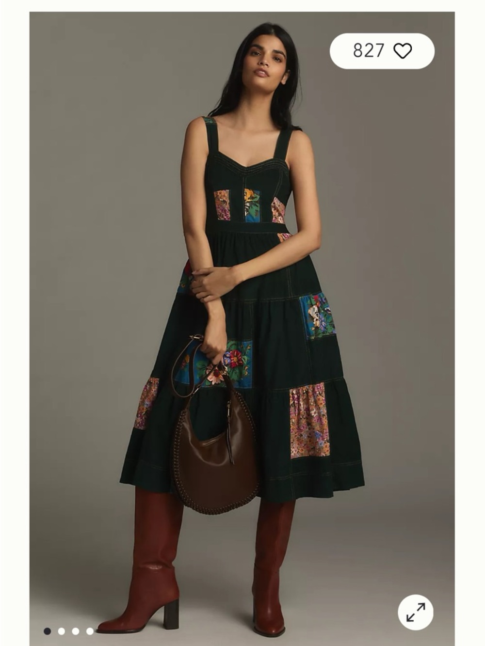 Maeve Dark Green Corduroy Midi Dress with Floral Patchwork